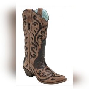 Sparkly Inlay Corral Womens Tan and and Brown Leather Boots Size 7.5
